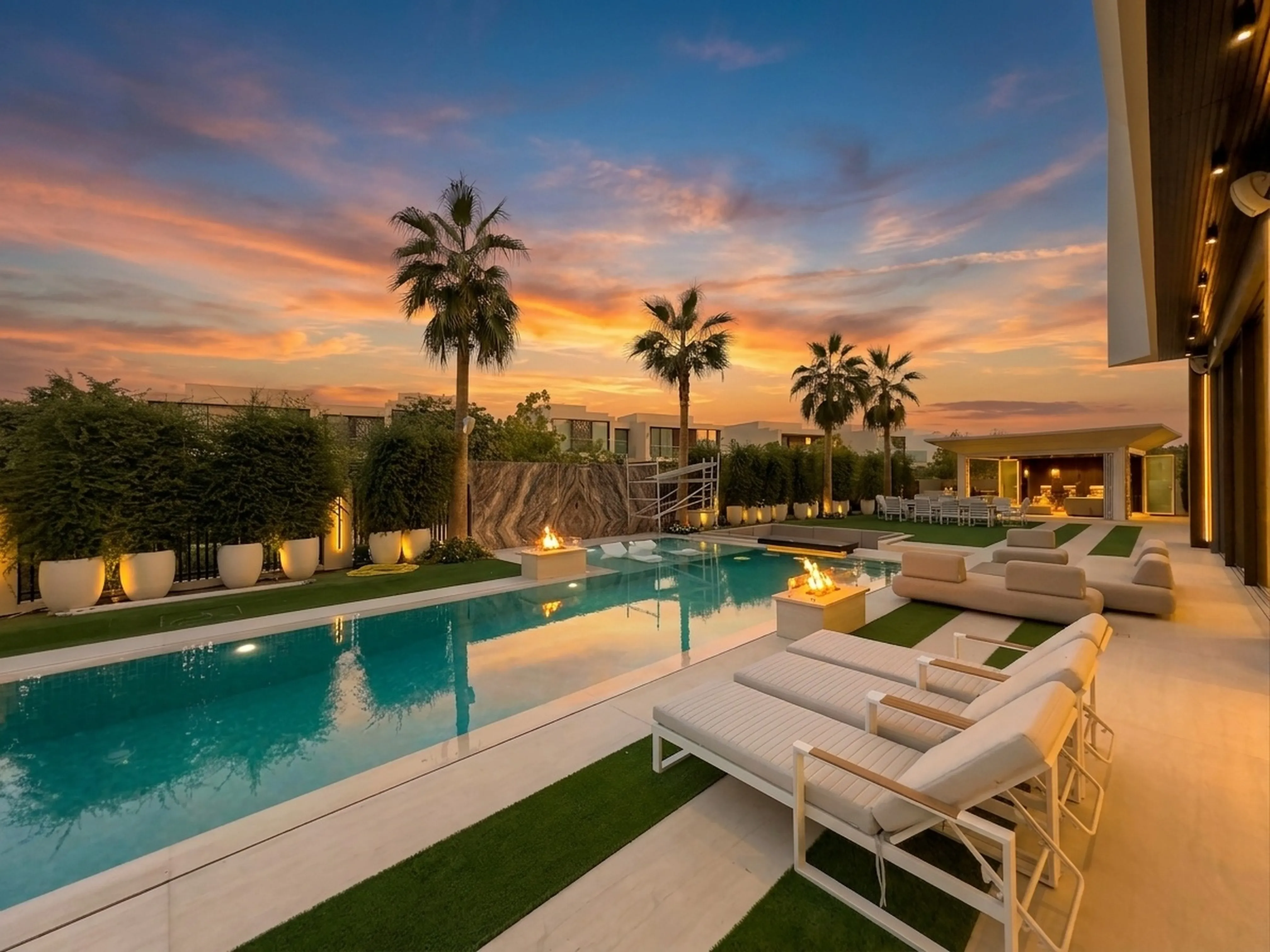 Exterior property graded to a golden-hour sunset mood